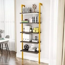 DKLGG Wall Mounted Bookcase, Industrial Ladder Bookshelf, 5-Tier Mounted Book Shelf Metal Frame Open Display Rack, Standing Leaning Ladder Storage Shelves ​for Living Room, Bedroom, Balcony, Office -Songmics Furniture Shop 51lWDJNXCoL. AC