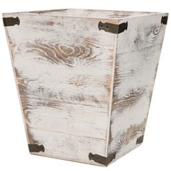 MyGift 12 Inch Shabby White Washed Solid Wood Small Wastebasket With Tapered Bottom And Decorative Metal Brackets, Home Office Trash Bins