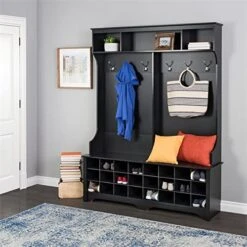 Pemberly Row Transitional Wood 60" Wide Black Entryway Hall Tree With Shoe Cubbies, Up To 24 Pairs
