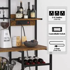 Kitchen Bakers Rack With Power Outlet, Microwave Stand With 5 Tiers Utility Storage Shelf, Coffee Bar Station Organizer With Wine Rack, Island Table With 2 Pull Out Wire Basket Drawers, Rustic Brown