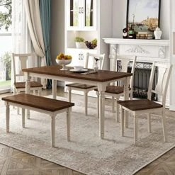 Merax 6 Pieces Dining Table Set With Bench, Kitchen Table Chairs Set, Wooden Rectangular Dining Table With 4 Chairs And Bench For Kitchen Room Dining Room (Brown+Cottage White) -Songmics Furniture Shop 51lpROwbPOL. AC