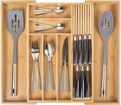 TIOPGHAD Bamboo-Silverware-Drawer-Organizer-Kitchen, Expandable Utensil Holder Cutlery Tray Flatware Organization Adjustable Wood Tableware Dividers Storage (with Removable Knife Block)