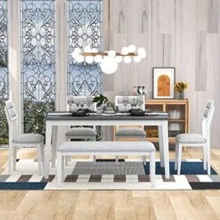 YUNLife 6 Piece Kitchen And Dining Furniture Set, Marble Veneer Table And 4 Flannelette Upholstered Chairs & Bench For Living Room, Breakfast Nook, Dinette, White+Blue -Songmics Furniture Shop 51ltS93FlLL. AC