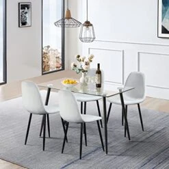 Dining Table Set For 4, Rectangle Black Glass Table And 4 Velvet Dining Room Chairs, 5 Pieces Modern Kitchen Table And Chairs Set For Home Small Space (Black Rectangle Table + 4 Light Grey Chairs) -Songmics Furniture Shop 51lvYtW2jSL