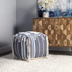 NuLOOM Hydra Denim Striped Fringe Filled Ottoman Pouf