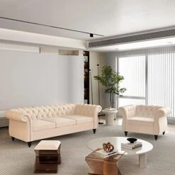 2 Piece Living Room Set, Velvet Chesterfield Sofa Loveseat Couch With Scroll Arms And Nailhead For Living Room, Office (Grey) -Songmics Furniture Shop 51m9NDth1L. AC