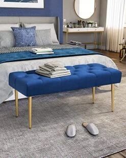 Crestlive Products Upholstered Bench, Velvet Button-Tufted Ottoman With Metal Legs, End Of Bed Bench Accent Sofa Footrest, Long Couch Bench For Bedroom, Entryway, Living Room (Navy Blue)