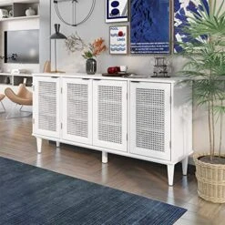 Bellemave Buffet Cabinet With 4 Rattan Doors Large Freestanding Sideboard Storage Cabinet Entryway Console Table For Living Room, Kitchen Dining Room, Entryway, White -Songmics Furniture Shop 51mKFQ7FtpL