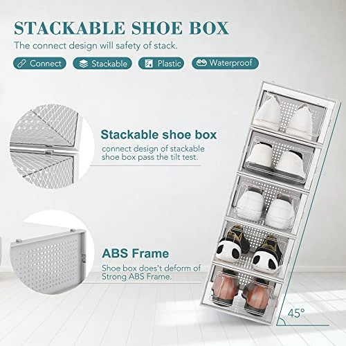 WAYTRIM Clear Shoe Storage Box, Stackable Shoe Organizer Plastic Shoe Container With Lids Foldable Sneaker Storage Boxes Saving Space Shoe Organizer For Closet Fit To Women Size 10, White 3 WAYTRIM Clear Shoe Storage Box, Stackable Shoe Organizer Plastic Shoe Container With Lids Foldable Sneaker Storage Boxes Saving Space Shoe Organizer For Closet Fit To Women Size 10, White - Image 3