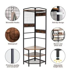 Corner Hall Tree, Entryway Coat Rack With 6 Hooks And Shoe Storage, Freestanding Hallway Storage Shelf Organizer, Vintage Multifunctional Clothes Rack For Home Office Bedroom 7 Corner Hall Tree, Entryway Coat Rack With 6 Hooks And Shoe Storage, Freestanding Hallway Storage Shelf Organizer, Vintage Multifunctional Clothes Rack For Home Office Bedroom -Songmics Furniture Shop 51mRA9W43LL