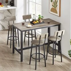 CALABASH Bar Table And Chairs Set,Industrial Counter Height Pub Table With 4 Chairs,Bar Table Set 5 Pieces Dining Table Set Home Kitchen Breakfast Table Set(Grey, Rectangular 1Table +4 Stools)