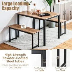 NAFORT 3-Piece Dining Table Set With 2 Benches, Wood Dining Room Kitchen Table & Benches Set For 4-6 Person, Metal Frame & Wood Tabletop Kitchen Dining Room Furniture Set, Natural &Black -Songmics Furniture Shop 51mSRJlDNjL