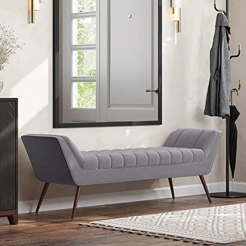 BELLEZE 63 Inch Mid Century Modern Ottoman, Contemporary Upholstered Linen Fabric Bench With Wood Legs, Accent Furniture For Living Room, Bedroom, Entryway - Moreno (Grey) 1 BELLEZE 63 Inch Mid Century Modern Ottoman, Contemporary Upholstered Linen Fabric Bench With Wood Legs, Accent Furniture For Living Room, Bedroom, Entryway - Moreno (Grey)