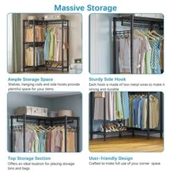 VIPEK L4 Garment Rack L Shaped Clothes Rack For Corner, Freestanding Portable Wardrobe Closet Heavy Duty Clothing Rack With 3 Hanging Rods & 2 Side Hooks, 43.3"Lx29.1"Wx76.4"H, Max Load 750LBS, Black -Songmics Furniture Shop 51mXj7ojUwL