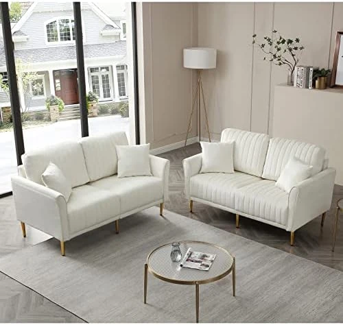 KIVENJAJA Velvet Loveseat Sofa, Channel Tufted 2-Seater Small Couch, Modern Love Seat With 2 Pillows For Living Room Bedroom Apartment, 55”W (Beige) 7 KIVENJAJA Velvet Loveseat Sofa, Channel Tufted 2-Seater Small Couch, Modern Love Seat With 2 Pillows For Living Room Bedroom Apartment, 55”W (Beige) - Image 7