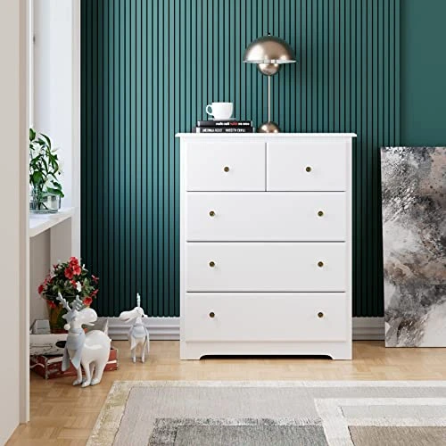 URKNO 5 Drawer Dresser, Wood Dresser Chest With Wide Storage Space, Modern Storage Cabinet Tall Nightstand For Bedroom, Living Room, Hallway, Closet, White 1 URKNO 5 Drawer Dresser, Wood Dresser Chest With Wide Storage Space, Modern Storage Cabinet Tall Nightstand For Bedroom, Living Room, Hallway, Closet, White