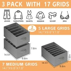 Criusia Large Wardrobe Clothes Organizer, 3 Pack Closet Organizers And Storage With Handles, Foldable Fabric Drawer Organizers Dividers For Clothing, Jeans, Sweater, Bras (14.2X9.8X7.9, 17 Grids, Grey)