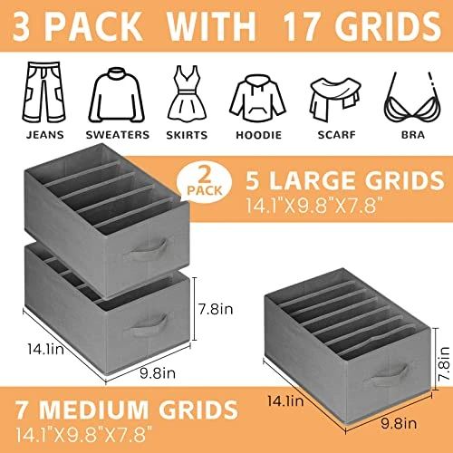 Criusia Large Wardrobe Clothes Organizer, 3 Pack Closet Organizers And Storage With Handles, Foldable Fabric Drawer Organizers Dividers For Clothing, Jeans, Sweater, Bras (14.2X9.8X7.9, 17 Grids, Grey) 1 Criusia Large Wardrobe Clothes Organizer, 3 Pack Closet Organizers And Storage With Handles, Foldable Fabric Drawer Organizers Dividers For Clothing, Jeans, Sweater, Bras (14.2X9.8X7.9, 17 Grids, Grey)