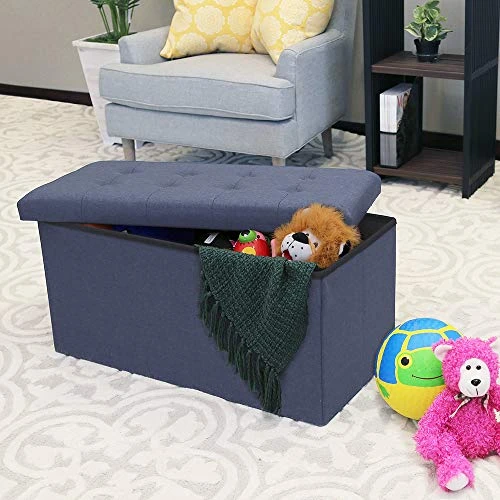 Seville Classics Cushioned Fabric Ottoman Hidden Storage Chest Footrest Chair, Padded Seat For Bedroom, Dorm, Loft, Living Room, Entryway, Hallway, Midnight Blue, 31.5" Bench 3 Seville Classics Cushioned Fabric Ottoman Hidden Storage Chest Footrest Chair, Padded Seat For Bedroom, Dorm, Loft, Living Room, Entryway, Hallway, Midnight Blue, 31.5" Bench - Image 3
