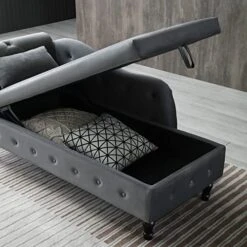 LUCKHAO Chaise Lounge Indoor,Velvet Lounge Chair For Bedroom With Storage & Pillow,Modern Upholstered Rolled Arm Chase Lounge For Sleeping With Nailhead Trim For Living Room Bedroom Office(Grey) -Songmics Furniture Shop 51mpfysTPFL