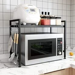 WHIFEA 3-Tier Adjustable 15.74''-23.62'' Heavy Duty Shelving Microwave Rack Horizontal Extension Kitchen Shelf Tableware Storage Stand Organizer With 3 Hooks For Home Office Carbon Steel Matte Black -Songmics Furniture Shop 51mpkSKVtNL. AC 1