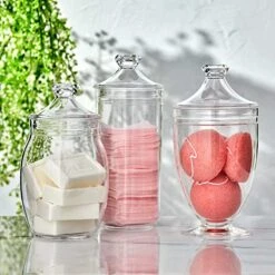 Amazing Abby - Adore - Acrylic Apothecary Jars (3-Piece Set), Plastic Jars With Lids, Bathroom Canisters, Vanity Organizers, Candy Buffet, Wedding Display, BPA-Free And Shatter-Proof