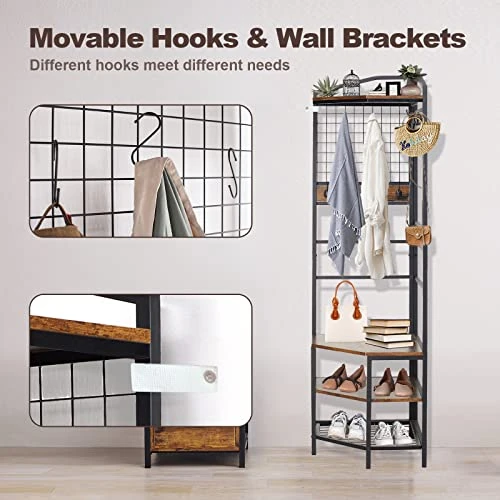 Corner Hall Tree, Entryway Coat Rack With 6 Hooks And Shoe Storage, Freestanding Hallway Storage Shelf Organizer, Vintage Multifunctional Clothes Rack For Home Office Bedroom 5 Corner Hall Tree, Entryway Coat Rack With 6 Hooks And Shoe Storage, Freestanding Hallway Storage Shelf Organizer, Vintage Multifunctional Clothes Rack For Home Office Bedroom - Image 5