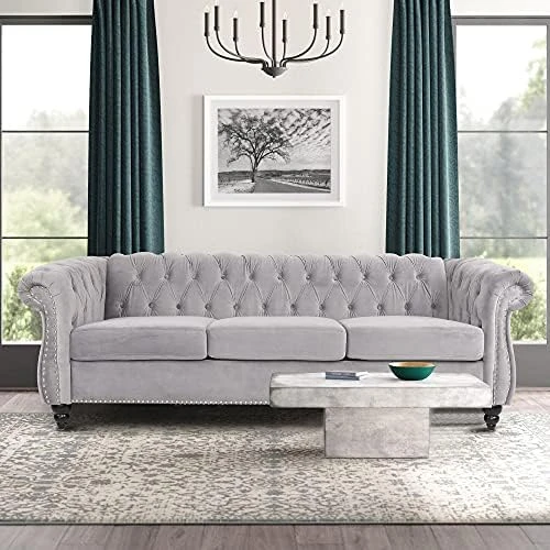 Chesterfield Sofa For Living Room, 3 Seater Velvet Couch Home Theater Seating Upholstered Accent Arm Sofa For Bedroom, Office, Apartment (Drak Green) 4 Chesterfield Sofa For Living Room, 3 Seater Velvet Couch Home Theater Seating Upholstered Accent Arm Sofa For Bedroom, Office, Apartment (Drak Green) - Image 4