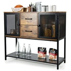 LOKO Industrial Buffet Cabinet, Rustic Kitchen Sideboard Storage Cabinet With Metal Mesh Doors And Drawers, Retro Credenza Storage Cabinet With Open Shelf, 39.5 X 14 X 33.5 Inches