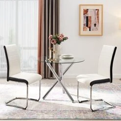 Round Dining Table With Tempered Glass Top - Modern Glass Dining Table Tea Coffee Table Office Kitchen Table Dining Room Table With Chrome Legs, 35.4 Diameter -Songmics Furniture Shop 51n42TIu61L. AC