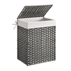SONGMICS Handwoven Laundry Hamper, 23.8 Gal (90L) Synthetic Rattan Clothes Laundry Basket With Lid And Handles, Foldable, Removable Liner Bag, Gray ULCB51WG