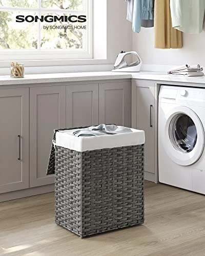 SONGMICS Handwoven Laundry Hamper, 23.8 Gal (90L) Synthetic Rattan Clothes Laundry Basket With Lid And Handles, Foldable, Removable Liner Bag, Gray ULCB51WG 2 SONGMICS Handwoven Laundry Hamper, 23.8 Gal (90L) Synthetic Rattan Clothes Laundry Basket With Lid And Handles, Foldable, Removable Liner Bag, Gray ULCB51WG - Image 2