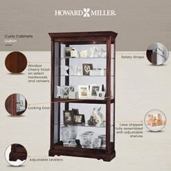 Howard Miller Dublin Curio Cabinet 680-337 – Windsor Cherry Finish Home Decor, Four Glass Shelves, Five Level Display Case With Locking Slide Door & Halogen Light