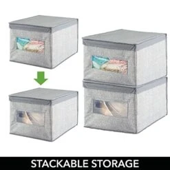 MDesign Large Fabric Stackable Closet Organizer Box With Clear Window/Lid For Bedroom, Office, Bathroom, Mudroom Organization - Shoe, Sweater, Clothes Storage, Lido Collection, 4 Pack, Gray -Songmics Furniture Shop 51nGRMv0BGL