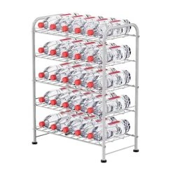 5 Tier Water Bottle Organizer Small Water Bottle Holder Stand Freestanding Metal Bottled Water Rack Dispenser For Kitchen, Pantry Organization And Storage, Silver