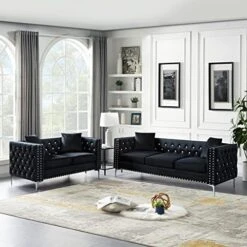2-Piece Black Velvet Upholstered Living Room Furniture Set, Including 3-Seater Sofa And Loveseat With Jeweled Buttons, Square Arm, Four Pillows Included For Living Room, Office -Songmics Furniture Shop 51nUR5J4SiL. AC