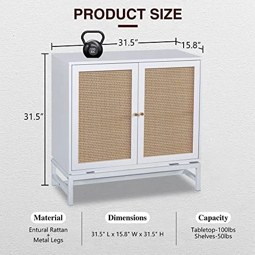 AWQM Sideboard Buffet Cabinet, Accent Storage Cabinet With 2 Rattan Doors, Farmhouse Accent Side Cabinet With Adjustable Shelves,Natural Wood Sideboard Entryway Table For Bar, Dining Room,White 2 AWQM Sideboard Buffet Cabinet, Accent Storage Cabinet With 2 Rattan Doors, Farmhouse Accent Side Cabinet With Adjustable Shelves,Natural Wood Sideboard Entryway Table For Bar, Dining Room,White - Image 2