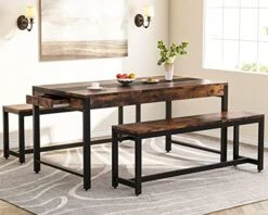 Tribesigns Dining Table Set For 4 To 6, 63 Inch Kitchen Breakfast Table With 2 Benches & Sided Drawer, 3-Piece Modern Industrial Bar Table Furniture Set For Dining Room, Home, Rustic Brown & Black -Songmics Furniture Shop 51nXNpYZ jL. AC