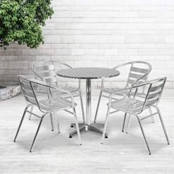 EMMA + OLIVER 27.5" Round Aluminum Table Set With 4 Slat Back Chairs