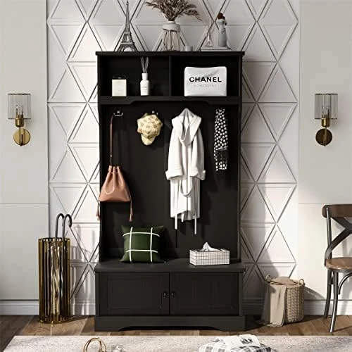 Hall Tree, 3-in-1 Hallway Coat Rack With Shelves Cabinet, Four Hooks, Entryway Bench, Modern Storage Bench Multi-use Hall Tree With Two Open Shelves For Living Room Hallway Bedroom, White 6 Hall Tree, 3-in-1 Hallway Coat Rack With Shelves Cabinet, Four Hooks, Entryway Bench, Modern Storage Bench Multi-use Hall Tree With Two Open Shelves For Living Room Hallway Bedroom, White - Image 6