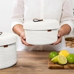 DENJA & CO Round Baskets With Lids - Set Of 2 Decorative Baskets With Lids For Organizing - Cotton Rope Lidded Baskets With Genuine Leather Tabs - Storage Baskets With Lids -Songmics Furniture Shop 51ndAtiaIlL