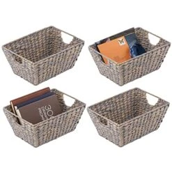 MDesign Natural Woven Hyacinth Closet Storage Organizer Basket Bin For Kitchen Cabinets, Pantry, Bathroom, Laundry Room, Closets, Garage - 4 Pack - Gray