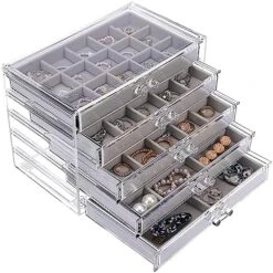 Fixwal Earring Jewelry Organizer With 5 Drawers, Clear Acrylic Jewelry Box With Velvet Trays For Women, Earring Display Holder For Earrings Ring Bracelet Necklace, Birthday And Christmas Gift, Beige -Songmics Furniture Shop 51nmBRzfFoL. AC