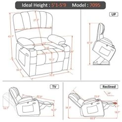 MCombo Electric Power Lift Recliner Chair Sofa With Massage And Heat For Elderly, Extended Footrest, Hand Remote Control, Cup Holders, USB Ports, 2 Side Pockets, Fabric 7095 -Songmics Furniture Shop 51nnc2V1SFL
