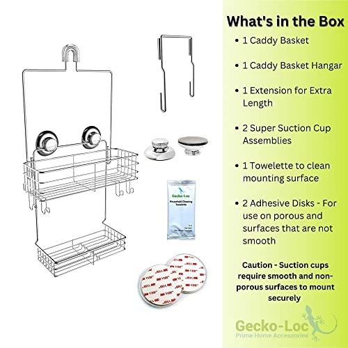 Gecko-Loc Extra Long Wide Adjustable Length Over The Showerhead Hanging Shower Caddy Organizer - Stainless Steel Bathroom Caddies Storage Rack Shelf Hooks And Soap Dish - Silver 4 Gecko-Loc Extra Long Wide Adjustable Length Over The Showerhead Hanging Shower Caddy Organizer - Stainless Steel Bathroom Caddies Storage Rack Shelf Hooks And Soap Dish - Silver - Image 4