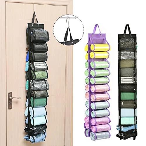 AARAINBOW 2 Packs Yoga Legging Storage Organizer, Hanging Closet Organizer With 24 Roll Compartments Hanging Clothes Storage Bag For Pants, Tank Top, Towel, T-Shirt (24 Pockets, Black Purple) 2 AARAINBOW 2 Packs Yoga Legging Storage Organizer, Hanging Closet Organizer With 24 Roll Compartments Hanging Clothes Storage Bag For Pants, Tank Top, Towel, T-Shirt (24 Pockets, Black Purple) - Image 2