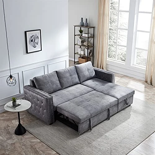 Merax 91'' Reversible Sleeper Sectional Sofa Couch With Pull-Out Sleeper, L-Shape 3-Seater Convertible Corner Couch Sofa Bed With Storage Chaise And Copper Nail For Living Room Furniture Set (Grey) 1 Merax 91'' Reversible Sleeper Sectional Sofa Couch With Pull-Out Sleeper, L-Shape 3-Seater Convertible Corner Couch Sofa Bed With Storage Chaise And Copper Nail For Living Room Furniture Set (Grey)