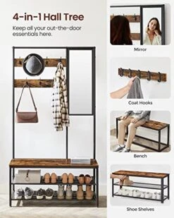VASAGLE Coat Rack Shoe Bench With Mirror, Hall Tree With Bench And Shoe Storage Shelves, 13.8 X 38.6 X 70.9 In, Bedroom Living Room, Industrial Style, Rustic Brown And Black UHSR415B01 -Songmics Furniture Shop 51oAaK0N3FL