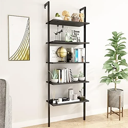 Hooseng Open Wall Mount Bookcase, Modern 5-Shelf Ladder Shelf W/Industrial Metal + Manufactured Wood Storage Organizer, Plant Display Rack, Stand Bookshelf For Home Office (Orange/Black) 6 Hooseng Open Wall Mount Bookcase, Modern 5-Shelf Ladder Shelf W/Industrial Metal + Manufactured Wood Storage Organizer, Plant Display Rack, Stand Bookshelf For Home Office (Orange/Black) - Image 6