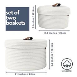 DENJA & CO Round Baskets With Lids - Set Of 2 Decorative Baskets With Lids For Organizing - Cotton Rope Lidded Baskets With Genuine Leather Tabs - Storage Baskets With Lids -Songmics Furniture Shop 51oC2ikHVnL